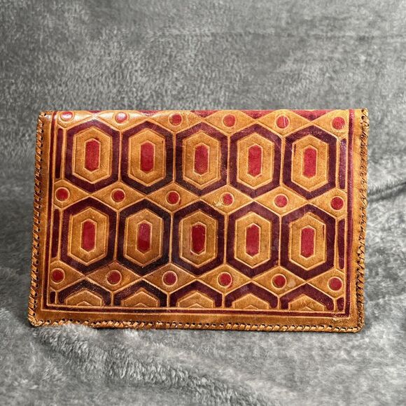 Vtg Tooled Leather boho hippie geometric Embossed Clutch Wallet Purse Handmade - Picture 2 of 7